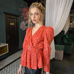 ZARA Red Floral Peplum Blouse Puff Sleeve Cottagecore Top Size XS (No belt)